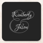 DIY His & Her Script Names, White & Grey on Black  Square Paper Coaster<br><div class="desc">His and her names in beautiful white and grey script lettering for an elegant design on black background. Click “Customise” to change colours and type styles.</div>