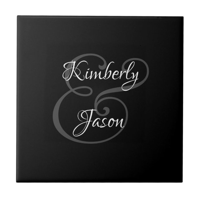 DIY His & Her Script Names, White & Grey on Black  Tile (Front)