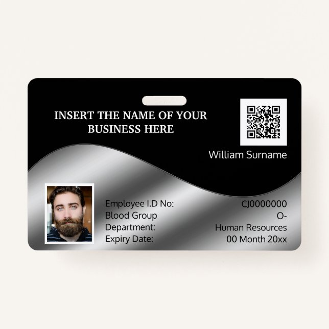 DIY ID card faux silver black | photo logo ID Badge (Front)