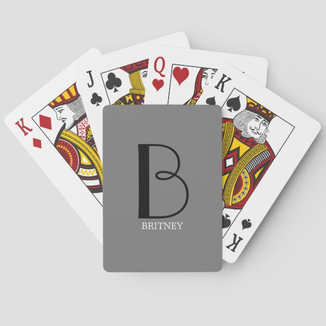 DIY Large Monogram & Name Black/White Text, Grey Playing Cards (Back)