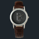 DIY Large Monogram & Name, Grey/White Text, Black Watch<br><div class="desc">Personalise this stylish and simple text design with your name in white and your large monogram in grey on black background. Click “Edit Using Design Tool” to change colours and type styles.</div>