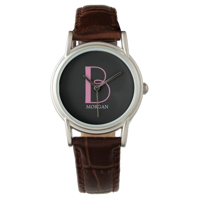 DIY Large Monogram & Name, Pink/White Text, Black Watch (Front)