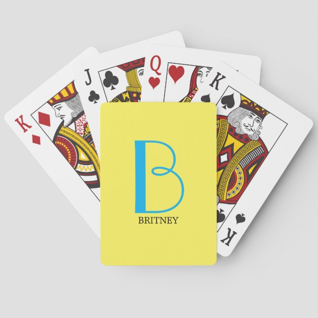DIY Large Monogram & Name, Sky Blue/Black, Yellow Playing Cards (Back)