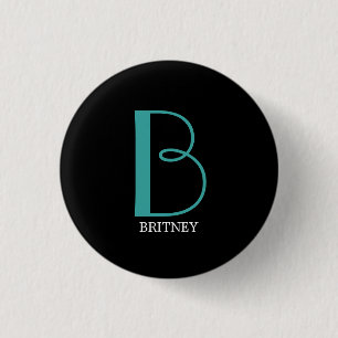 DIY Large Monogram & Name, Teal/White Text, Black 3 Cm Round Badge