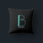 DIY Large Monogram & Name, Teal/White Text, Black  Cushion<br><div class="desc">Personalise this stylish and simple text design with your name in white and your large Monogram in Teal on black background.</div>