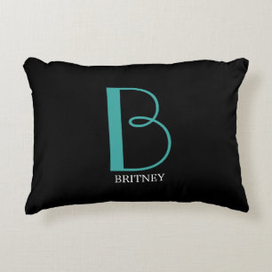 DIY Large Monogram & Name, Teal/White Text, Black Decorative Cushion