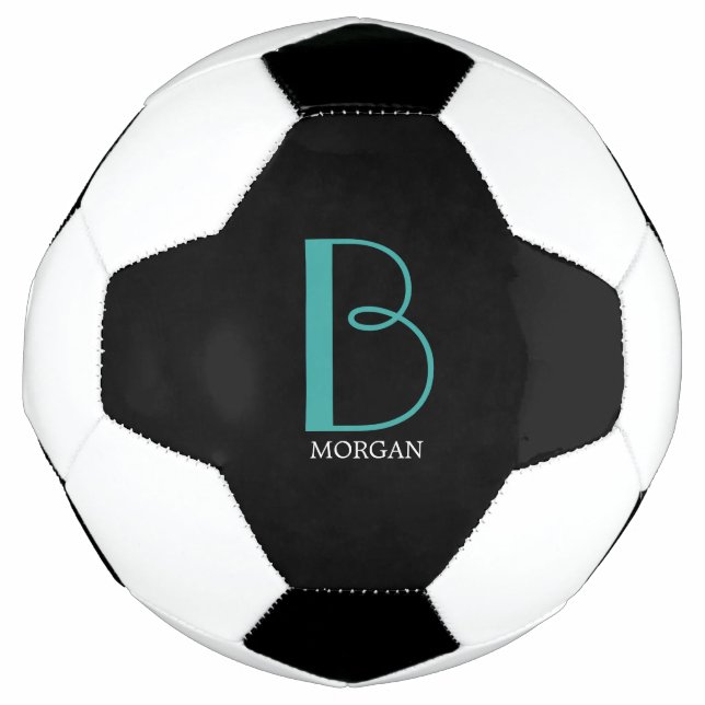 DIY Large Monogram & Name, Teal/White Text, Black Football (Front)