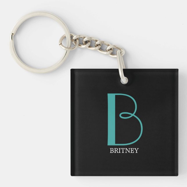 DIY Large Monogram & Name, Teal/White Text, Black Key Ring (Front)