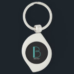 DIY Large Monogram & Name, Teal/White Text, Black Key Ring<br><div class="desc">Personalise this stylish and simple text design with your name in white and your large Monogram in Teal on black background.</div>