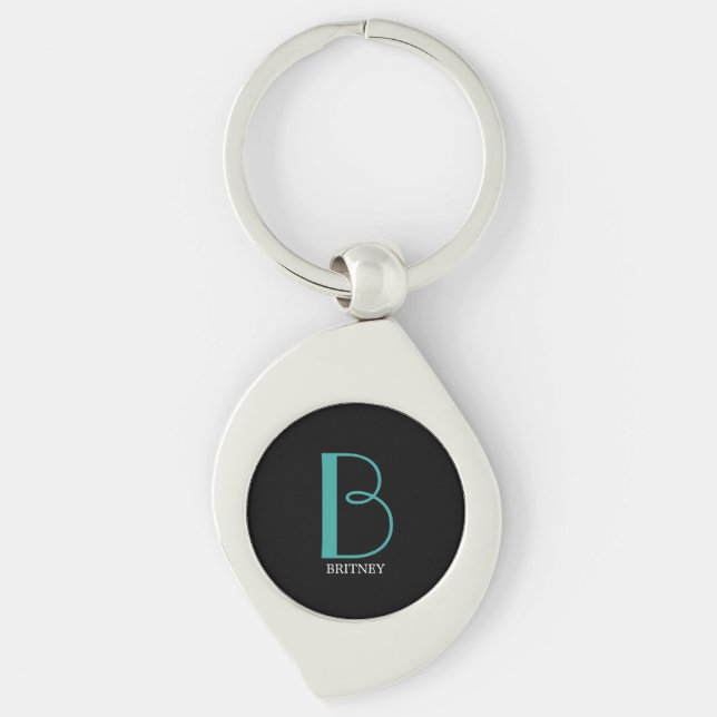 DIY Large Monogram & Name, Teal/White Text, Black Key Ring (Front)