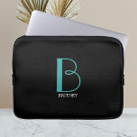 DIY Large Monogram & Name, Teal/White Text, Black Laptop Sleeve<br><div class="desc">Personalise this stylish and simple text design with your name in white and your large Monogram in Teal on black background.</div>