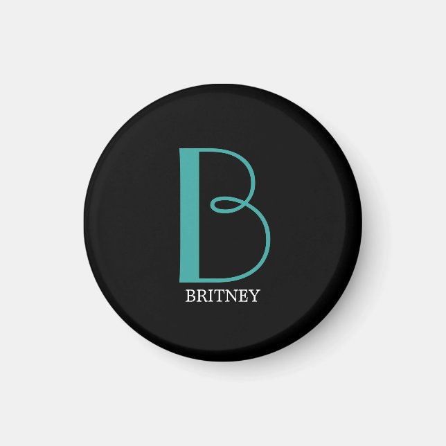 DIY Large Monogram & Name, Teal/White Text, Black Magnet (Front)