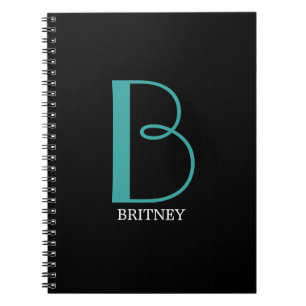 DIY Large Monogram & Name, Teal/White Text, Black Notebook