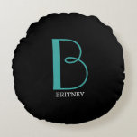 DIY Large Monogram & Name, Teal/White Text, Black Round Cushion<br><div class="desc">Personalise this stylish and simple text design with your name in white and your large Monogram in Teal on black background.</div>