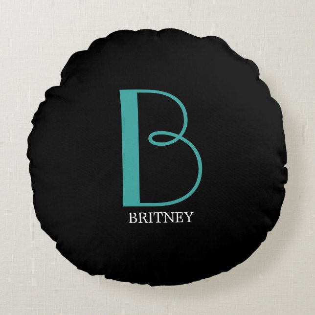 DIY Large Monogram & Name, Teal/White Text, Black Round Cushion (Front)