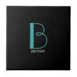 DIY Large Monogram & Name, Teal/White Text, Black Tile<br><div class="desc">Personalise this stylish and simple text design with your name in white and your large Monogram in Teal on black background.</div>