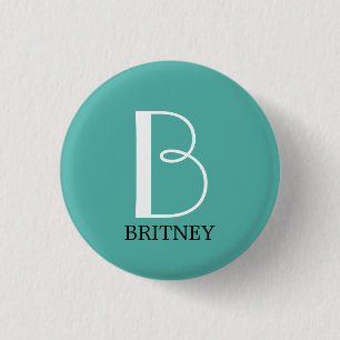 DIY Large Monogram & Name, White/Black Text, Teal 3 Cm Round Badge
