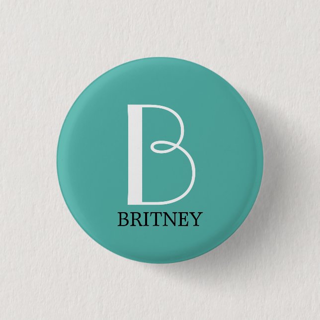 DIY Large Monogram & Name, White/Black Text, Teal 3 Cm Round Badge (Front)