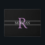 DIY Lavender Monogram, White Name, Black & Grey Doormat<br><div class="desc">Personalise this trendy black doormat with Lavender Monogram and White Name. A simple,  yet elegant design with 2 grey stripes.</div>
