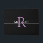 DIY Lavender Monogram, White Name, Black & Grey Doormat<br><div class="desc">Personalise this trendy black doormat with Lavender Monogram and White Name. A simple,  yet elegant design with 2 grey stripes.</div>