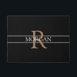 DIY Lt Brown Monogram, White Name, Black & Grey Doormat<br><div class="desc">Personalise this trendy black doormat with Light Brown Monogram and White Name. A simple,  yet elegant design with 2 grey stripes.</div>