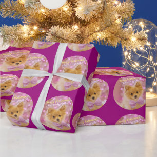 DIY Merry Christmas & Name, Cute Dog, Red Violet Wrapping Paper