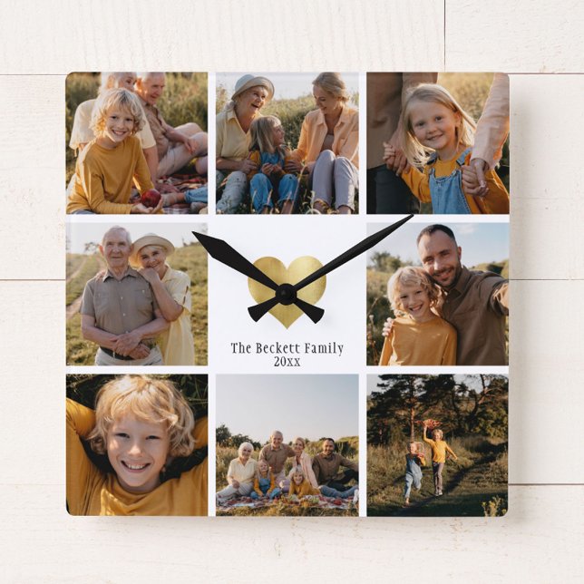 DIY Modern  Family Photo Collage Gold Heart Square Wall Clock (Creator Uploaded)