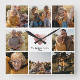DIY Modern  Family Photo Collage Rose Gold Heart Square Wall Clock