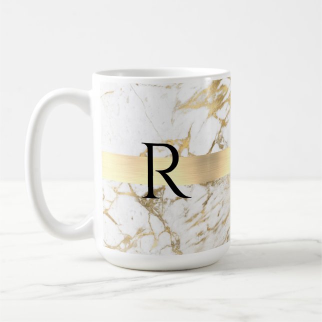  DIY Monogram Black Text, White & Gold Marble Coffee Mug (Left)