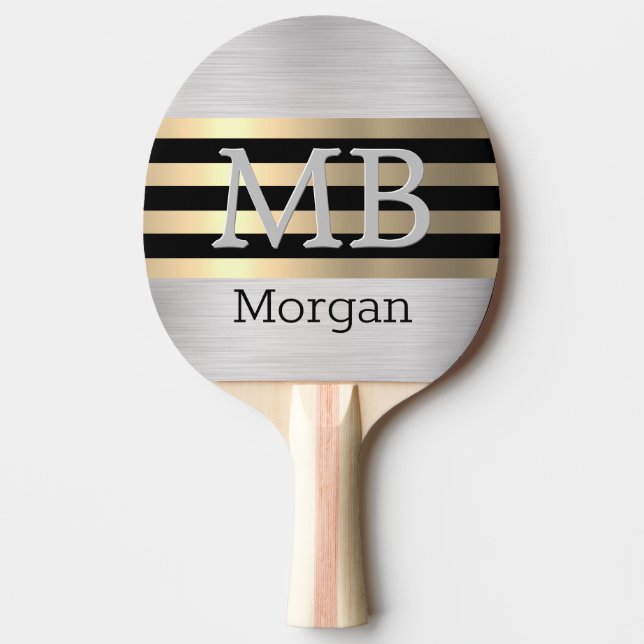 DIY Monogram/Name, Bk/Gold Stripes, Brushed Silver Ping Pong Paddle (Front)