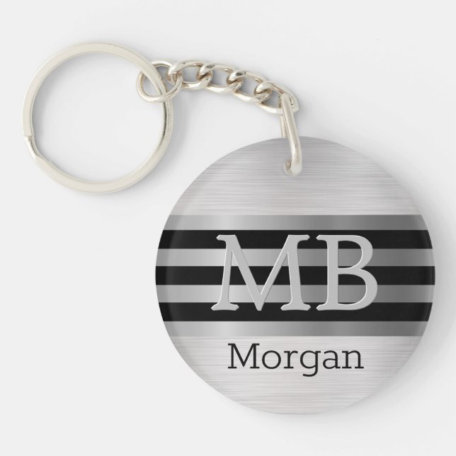 DIY Monogram/Name Bk/Silver Stripes Brushed Silver Key Ring (Front)