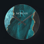 DIY Monogram & Name, Black Gold & Teal Agate Clock<br><div class="desc">Personalise with your Monogram and Name In White and Dark Teal text on black,  gold and teal agate. This simple Classic Design can also be used to promote your Company Name.</div>