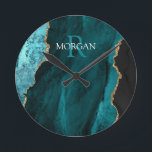 DIY Monogram & Name, Black Gold & Teal Agate Round Clock<br><div class="desc">Personalise with your Monogram and Name In White and Dark Teal text on black,  gold and teal agate. This simple Classic Design can also be used to promote your Company Name.</div>