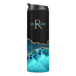 DIY Monogram & Name, Black Gold & Teal Agate Thermal Tumbler