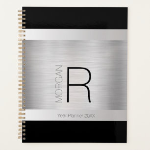 DIY Monogram & Name, Black & Grey, Brushed Silver Planner