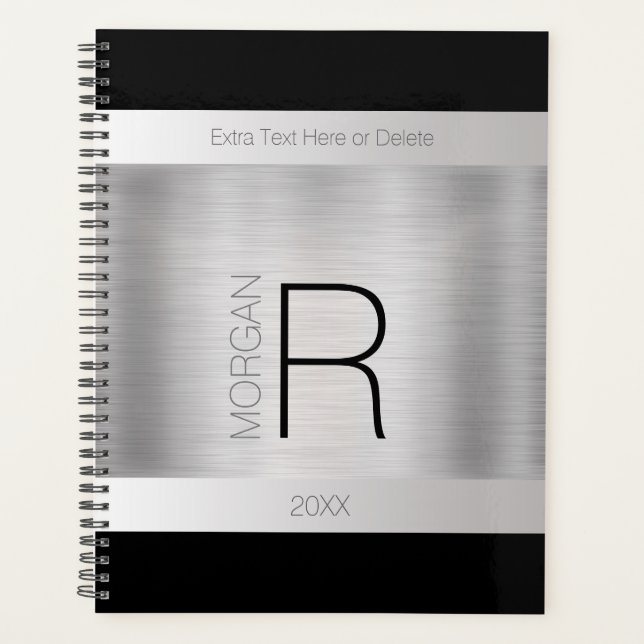 DIY Monogram Name, Black Grey Text, Brushed Silver Planner (Front)