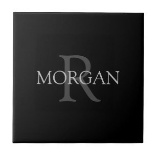 DIY Monogram & Name, Classic Black with Grey Text Tile