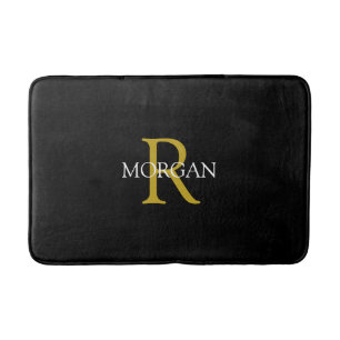 DIY Monogram & Name, Gold & White Text, Black Bath Mat