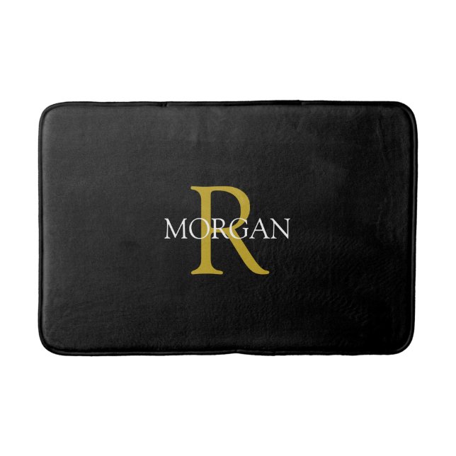 DIY Monogram & Name, Gold & White Text, Black Bath Mat (Front)