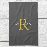 DIY Monogram & Name, Gold/White Text, Dark Grey Tea Towel<br><div class="desc">Personalise with your monogram and name in gold and white text on a Dark Grey background. This stylish and trendy classic design makes a great gift for him or her.</div>