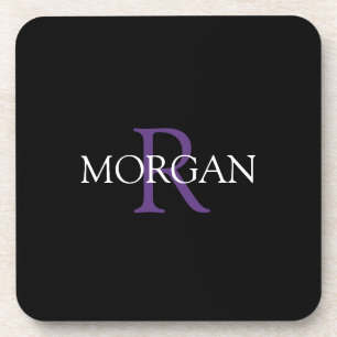 DIY Monogram & Name, Purple & White Text, Black Coaster