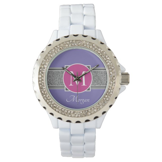 DIY Monogram & Name, Silver Glitter, Periwinkle Watch (Front)