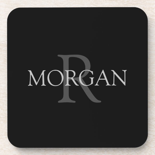 DIY Monogram & Name, Trendy Black with Grey Text Coaster (Front)