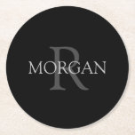 DIY Monogram & Name, Trendy Black with Grey Text Round Paper Coaster<br><div class="desc">Personalise with your Monogram and Name In Grey Text. This simple Classic Black Design can also be used to promote your Company Name.</div>
