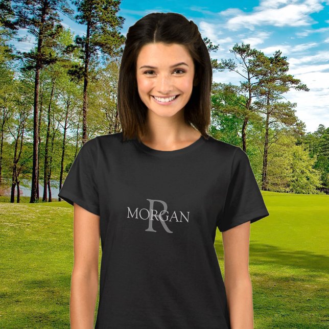 DIY Monogram & Name, Trendy Black with Grey Text T-Shirt (Creator Uploaded)