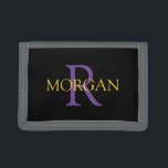 DIY Monogram & Name, Trendy Gold & Purple Text Trifold Wallet<br><div class="desc">Personalise with your Monogram and Name In Purple and Gold Text on black background. Click “Customise” to change colours and type styles.</div>