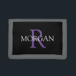 DIY Monogram & Name, Trendy White & Purple Text Trifold Wallet<br><div class="desc">Personalise with your Monogram and Name In Purple and White Text on black background. Click “Customise” to change colours and type styles.</div>
