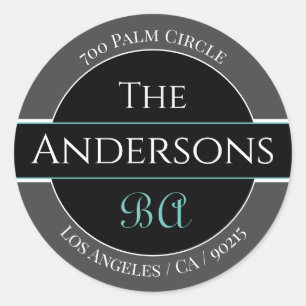 DIY Name Address Monogram, Black Grey Teal Classic Round Sticker