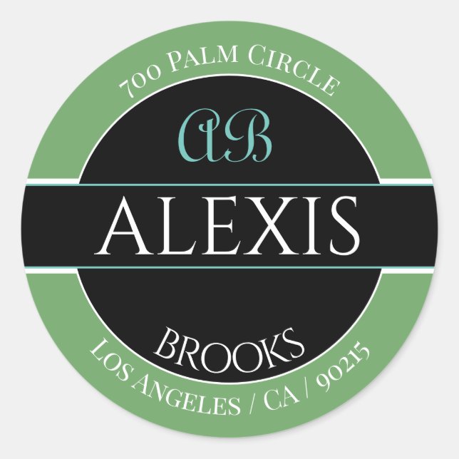 DIY Name Address Monogram, Deep Sage Black & White Classic Round Sticker (Front)
