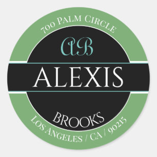 DIY Name Address Monogram, Deep Sage Black & White Classic Round Sticker